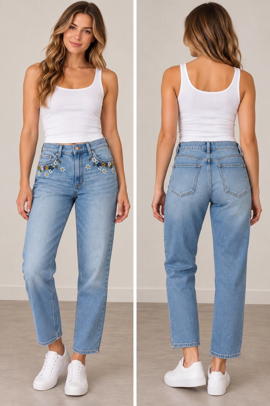 Lauren Conrad Floral Embroidery Super High Rise Slim Straight Blue Jeans Sz 14